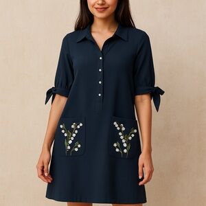 Rickie Freeman for Teri Jon Navy Dress with Floral Embroidery